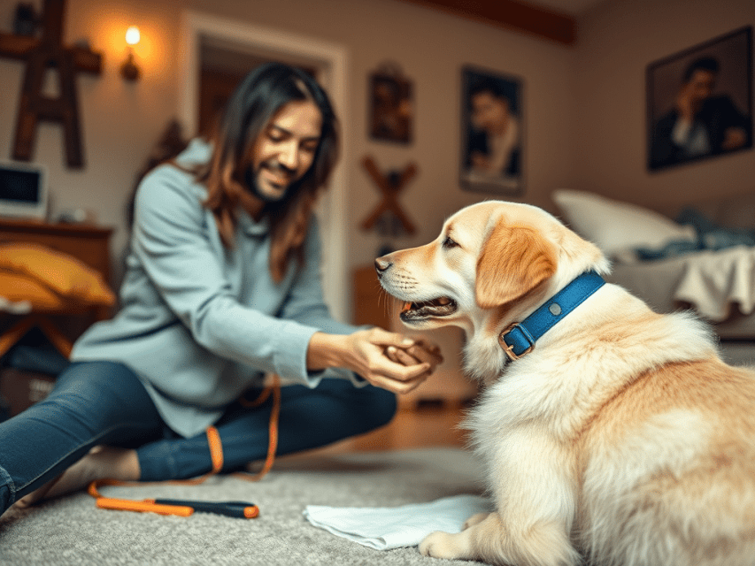 dog trainer teaching obedience at home