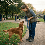 Woman holding leash and looking at attentive dog standing on a park path