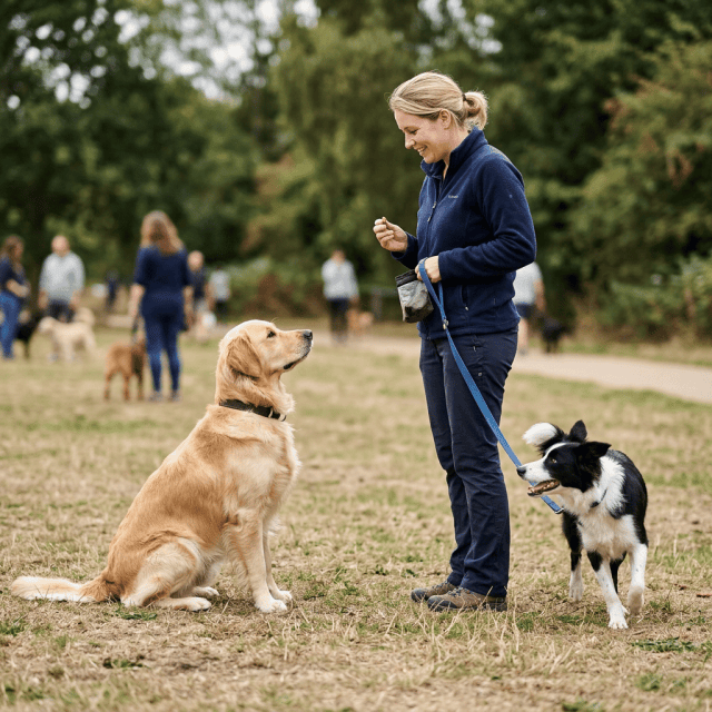 Dog learning to stay focused around distractions during a training session in Salem, Oregon.