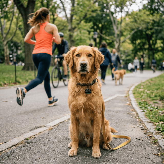 Dog maintaining focus on its owner during distraction training in Salem, Oregon.
