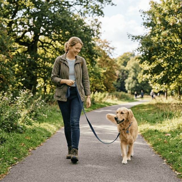 Dog owner enjoying a calm walk after distraction training in Salem, Oregon.