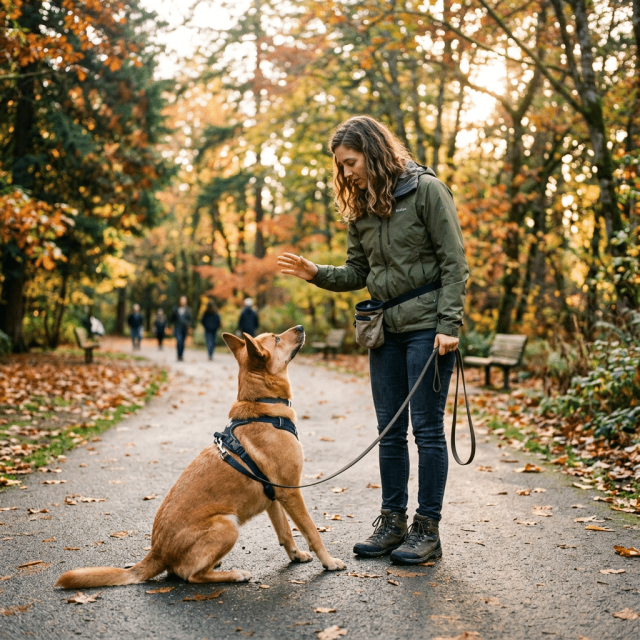 Dog trainer coaching an owner during a distraction training session in Salem, Oregon.