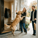 Dog jumping on a visitor at the front door