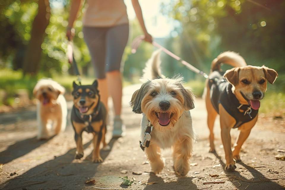 Professional dog trainer walking dogs during an in-home dog training session in Salem, Oregon
