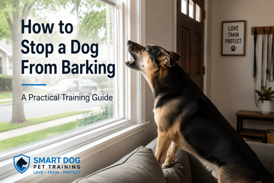 Dog barking at a window during barking behavior training